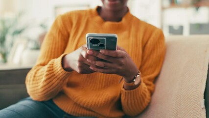 Poster - Online, texting and hands with smartphone, couch and relax in living room with social media and digital. Break, lounge and person with mobile for chat, communication and typing of message in house