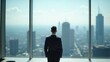 © AiGalaxy - Businessman gazes at city skyline from a tall office building on a clear day