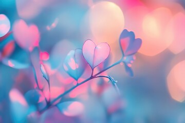 Wall Mural - Pastel Pink and Blue Heart Shaped Leaves on Branch Soft Focus Bokeh Background