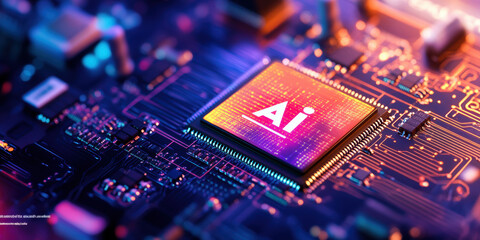 Fototapete - Modern computer chip with AI inscription. AI generative.