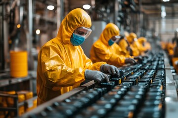 Poster - Factory workers assembling products on production line wearing hazmat suits