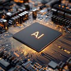 Fototapete - Modern computer chip with AI inscription. AI generative.