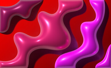 Fototapete - Pink and red wavy shapes with shadow on red background, 3D rendering illustration