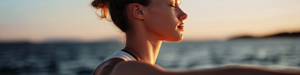 Wall Mural - Woman's Profile at Sunset by the Ocean