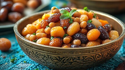 Wall Mural - A close-up of a golden bowl with a mix of rich traditional sweets and plump dates on a vibrant background