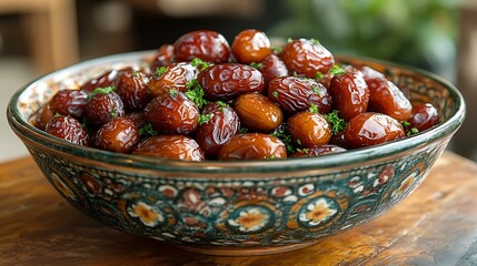 Wall Mural - A traditional serving of sweets and dates in an artistic ceramic bowl with cultural motifs