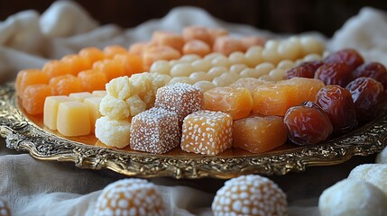 a golden serving plate with an array of traditional sweets and dates placed on an elegant cloth