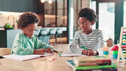 Aufkleber - Learning, writing and children at table with homework for growth, development and education with siblings. Drawing, books and kids in kitchen for homeschool, creativity and study activity in home
