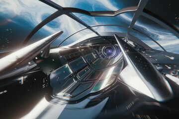Aufkleber - Futuristic spaceship interior view showcasing sleek design and advanced technology during space travel.
