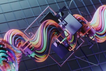 Poster - Abstract 3D rendering of vibrant rainbow colored ribbons swirling through geometric shapes.
