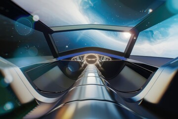 Poster - Futuristic spaceship interior view from the pilot's seat, soaring through space.