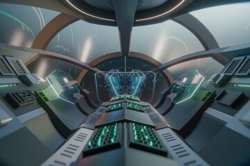 Aufkleber - Futuristic spaceship bridge with holographic displays and advanced technology.
