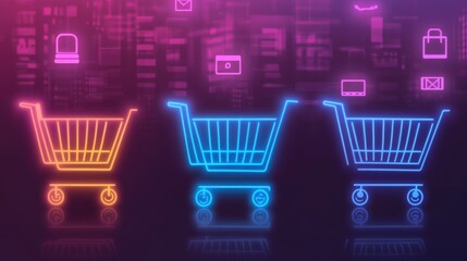 Neon Shopping Carts: A vibrant and dynamic image of three glowing shopping carts in neon colors, against a futuristic tech background filled with digital symbols and icons.