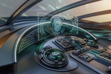 Poster - Futuristic vehicle cockpit with holographic displays and advanced control panel showcasing cutting-edge technology.