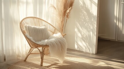 Sunlit wicker chair with soft white blanket in bright reading corner