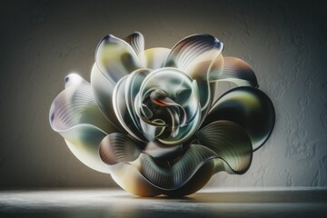 Poster - Abstract 3D rendering of a flower-like structure with iridescent, flowing petals.