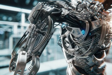 Poster - Close-up of a complex robotic arm, showcasing intricate mechanical details and wiring.
