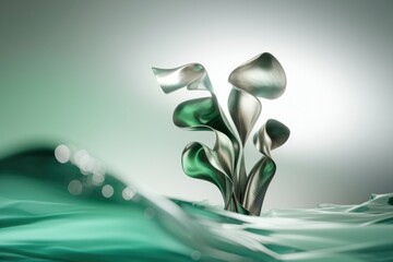 Aufkleber - Abstract metallic sculpture resembling plant life emerging from a teal liquid, elegant and serene.