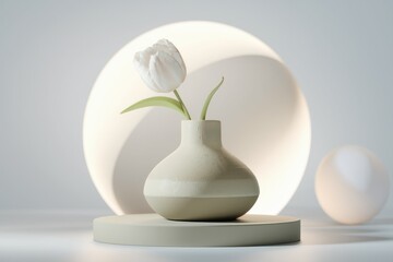 Aufkleber - A single white tulip in a beige vase sits on a minimalist platform, illuminated by soft lighting.