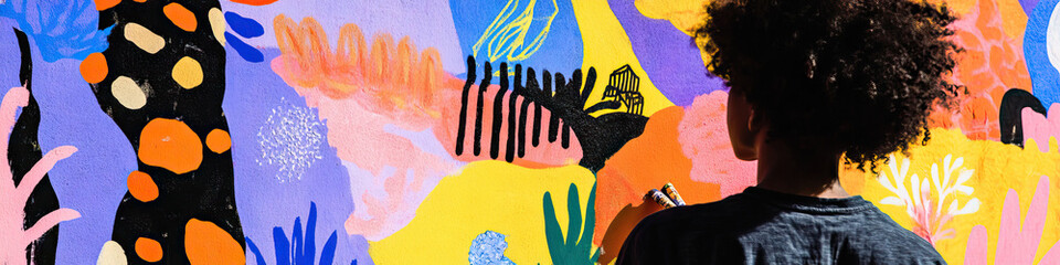 Poster - Person Painting Abstract Mural with Organic and Geometric Shapes