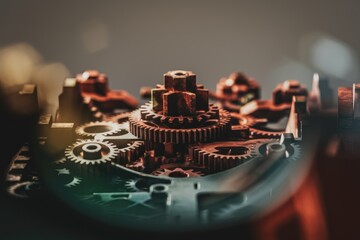 Aufkleber - Intricate clockwork mechanism with multiple gears interlocked, showcasing precision engineering.