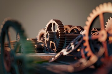 Aufkleber - A close-up shot of rusty gears interlocked, evoking a sense of intricate mechanics and vintage industrial design.