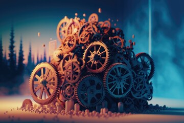 Aufkleber - A pile of intricate gears in a surreal landscape, suggesting complex mechanics and intricate systems.