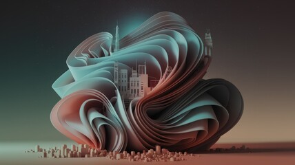 Poster - Cityscape nestled within an abstract, swirling, paper-like form under a starry night.