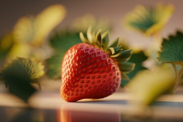 Poster - A single, ripe strawberry rests amidst blurred foliage, bathed in warm, golden light.
