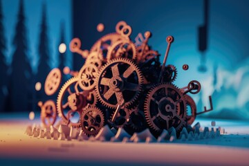 Aufkleber - A pile of intricate rusty gears rests on a textured surface, suggesting complexity and machinery.