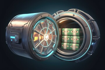 Poster - Futuristic cylindrical vault open, revealing stacks of cute cartoon money bundles.