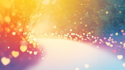 Wall Mural - pathway through glowing bokeh hearts with vibrant gradient colors and blurred nature. digital illust