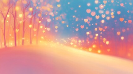 Wall Mural - abstract dreamy forest scene with glowing heart-shaped bokeh and gradient colors. digital illustrati