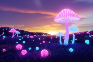 Poster - Neon glowing mushrooms illuminate a vibrant sunset landscape, creating a magical, surreal scene.