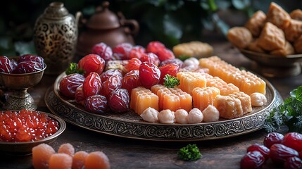 Wall Mural - A detailed shot of an artistically arranged serving plate with traditional sweets and fresh dates