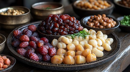 Wall Mural - A detailed shot of an artistically arranged serving plate with traditional sweets and fresh dates