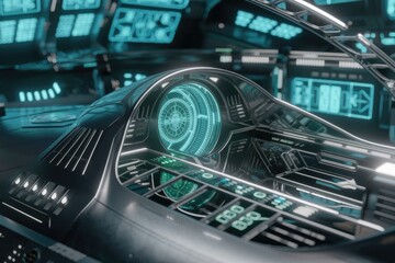 Aufkleber - Futuristic spaceship cockpit interior with advanced digital displays and controls.