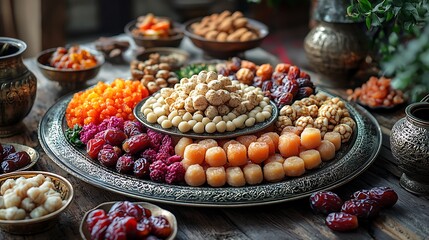 Wall Mural - A detailed shot of an artistically arranged serving plate with traditional sweets and fresh dates
