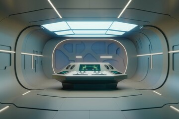 Aufkleber - Futuristic control room with sleek, minimalist design and advanced technology interface.