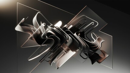 Poster - Abstract 3D rendering of interwoven metallic shapes, creating a complex, futuristic design.
