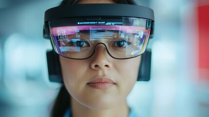 Poster - A woman wearing augmented reality glasses, focused and engaged, showcasing advanced technology in a modern environment.