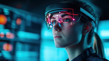 Poster - A focused individual wearing futuristic glasses, surrounded by a high-tech environment with vibrant colors and digital displays.