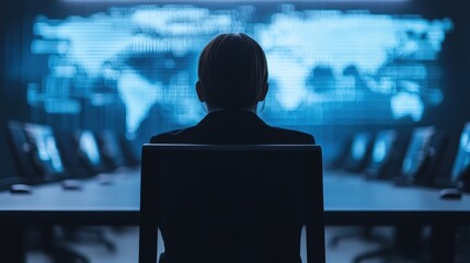 Poster - a silhouetted figure sits before a high-tech screen displaying a world map, suggesting a setting foc