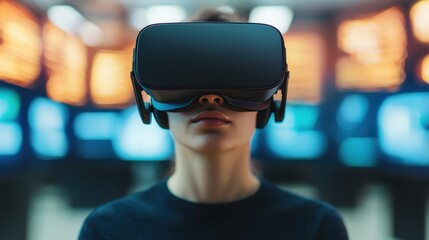 Poster - A person wearing a virtual reality headset is immersed in a high-tech environment, surrounded by vibrant screens.