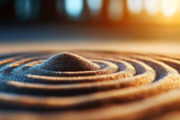 Poster - Sand forms intricate spiral patterns under warm light in a calm environment during afternoon hours