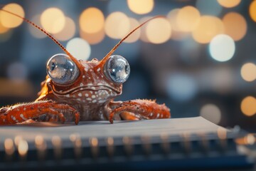 Poster - Unique close-up of a colorful shrimp with large eyes resting on a surface amidst bright bokeh lights