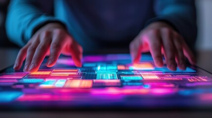 Poster - A person interacts with a vibrant, illuminated touchscreen, showcasing colorful graphics and data in a modern tech environment.