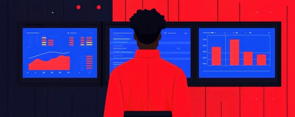 Poster - a person in a red shirt analyzes data on blue screens, showcasing charts and graphs in a modern, dig