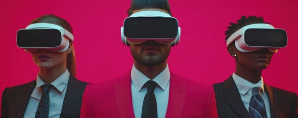 Poster - Three individuals in suits wearing VR headsets against a vivid pink background, showcasing the fusion of fashion and technology.