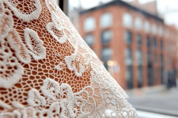 Poster - Intricate lace details softly frame a blurred urban background during a quiet afternoon